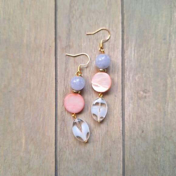 Mother of Pearl Aquamarine 18k Gold Dangle Earrings Boho Coquette Artsy Jewelry - Picture 5 of 9